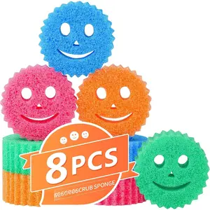 8 Colorful Smile Scrub Sponges, Temperature Controlled Sponges Kitchen, Bulk Dish Sponge for Cleaning, Multi Functional Cleaning Sponge for Kitchen, Bathroom, Floor