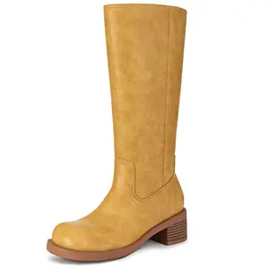 Women's Banana Mid Calf Boots Square Toe Wide Calf Slip On Chunky Riding Boots for Women Low Heel Shoe Footwear Stylish Leather Yellow