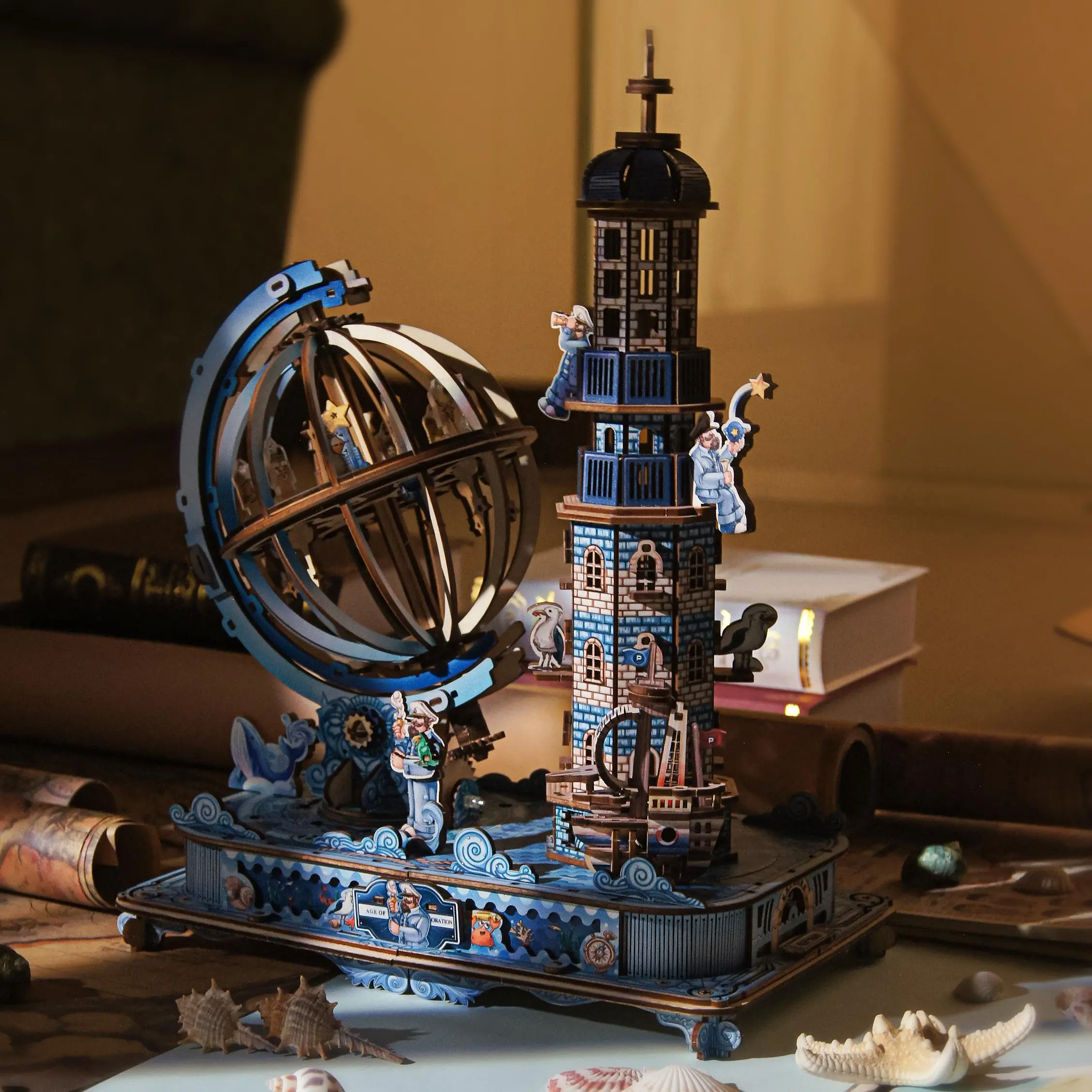 DIY Wooden Globe Music Box 3D Puzzle Kit - Maritime Theme Set with Wooden Pieces, Nautical Armillary Sphere, Lighthouse Model, Mechanical Assembly, Creative Hobby Gift for Adults