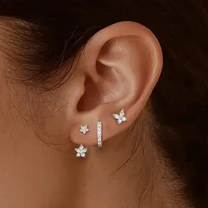 FIBO STEEL 3 Pairs Elegant Stud Earrings Set for Women Girls Cubic Zirconia Flower Star Ear Studs Huggie Hoop Small Earrings Stacks Sets Multiple Piercings Cartilage Jewlery Gift
