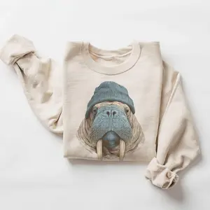 Women's Lady Long Sleeve Retro Walrus in Beanie Vintage Arctic Wildlife Unisex Hoodie Top, DICH #2350