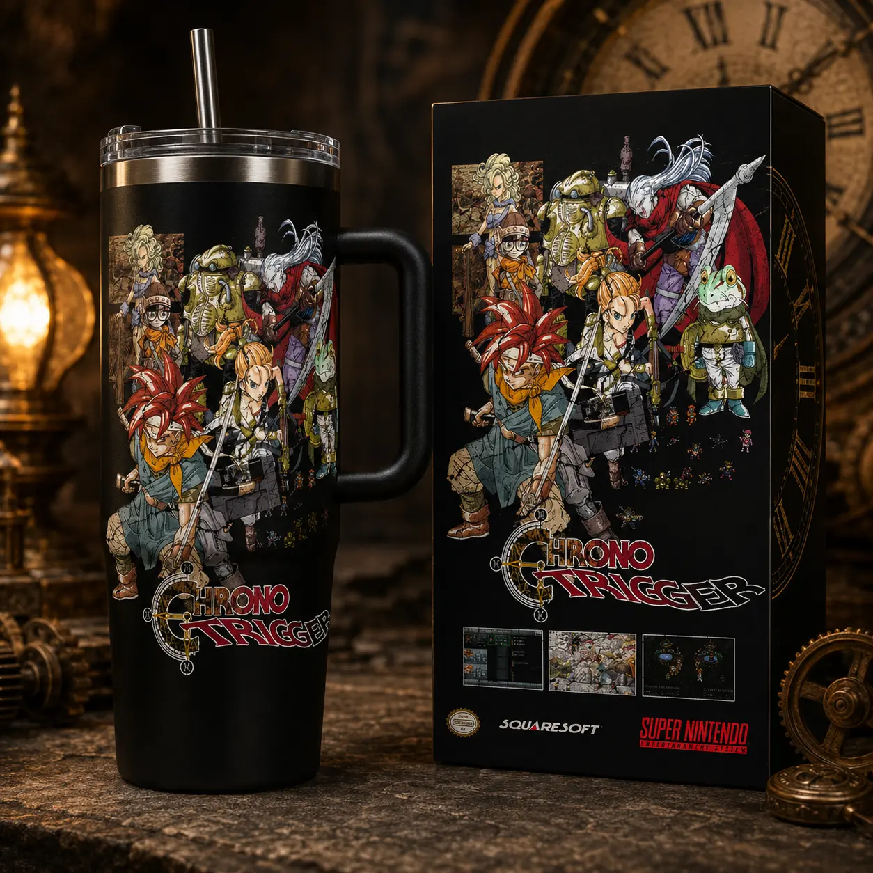OceanSip4U Chrono Trigger 40oz Tumbler with Handle & Straw, Crono Frog Robo Lucca Marle Stainless Steel Vacuum Insulated Travel Mug, Retro JRPG Gaming Cup, Gift for Fans