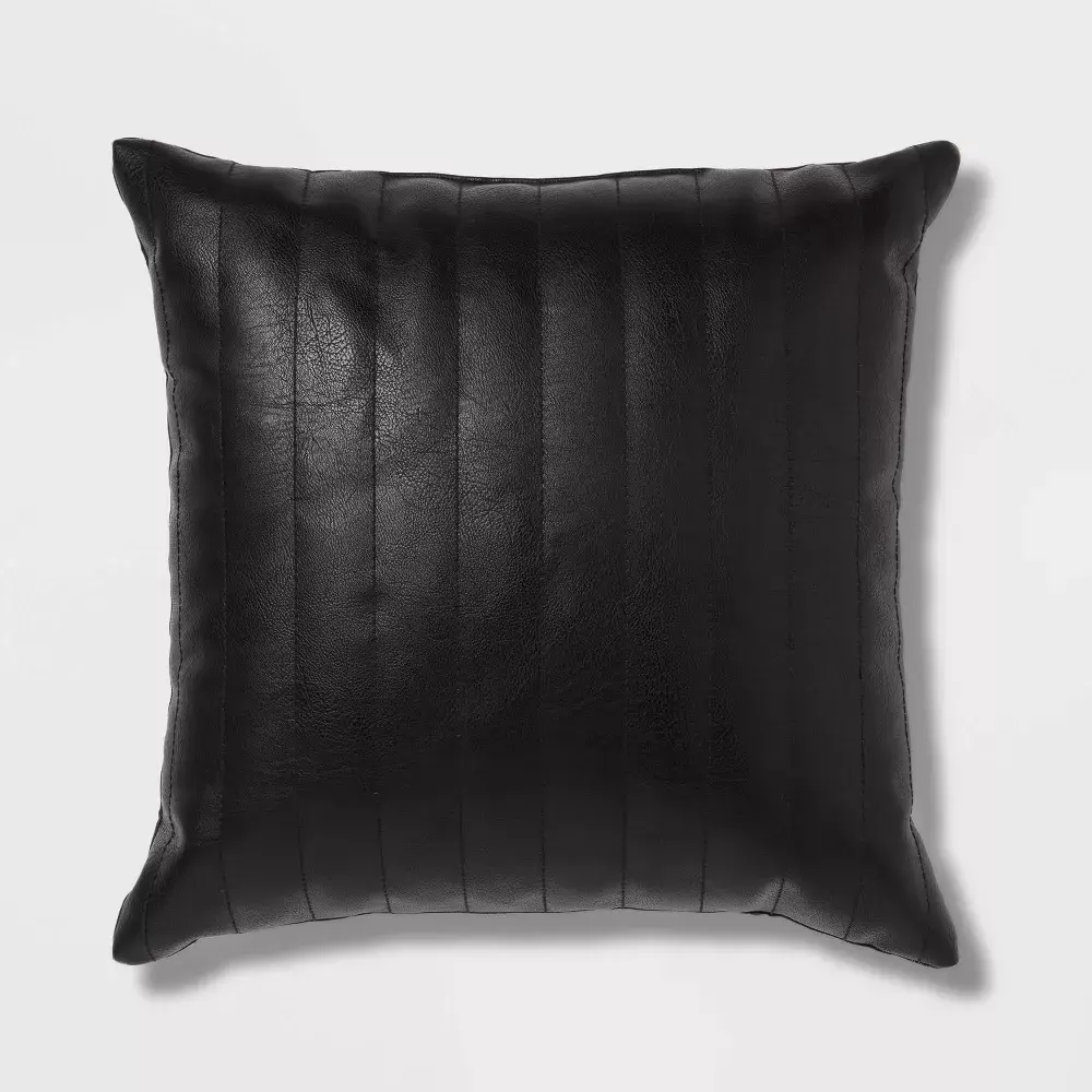 Square Faux Leather Channel Stitch Decorative Throw Pillow Black - Threshold Square Faux Leather Channel Stitch Decorative Throw Pillow Black - Threshold