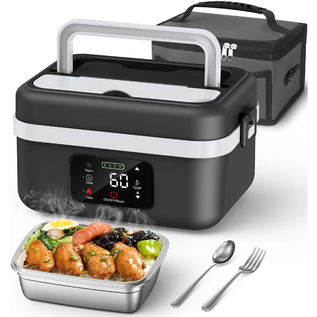 Adult Wireless Electric Heating Lunch Box, 8000mAh Rechargeable Timer Automatic Heating Lunch Box, 1L Portable Self-Heating Food Warmer With Fork And Spoon And Insulated Carrying Bag, Suitable For Office, Picnic, Car And Travel Outdoor Use