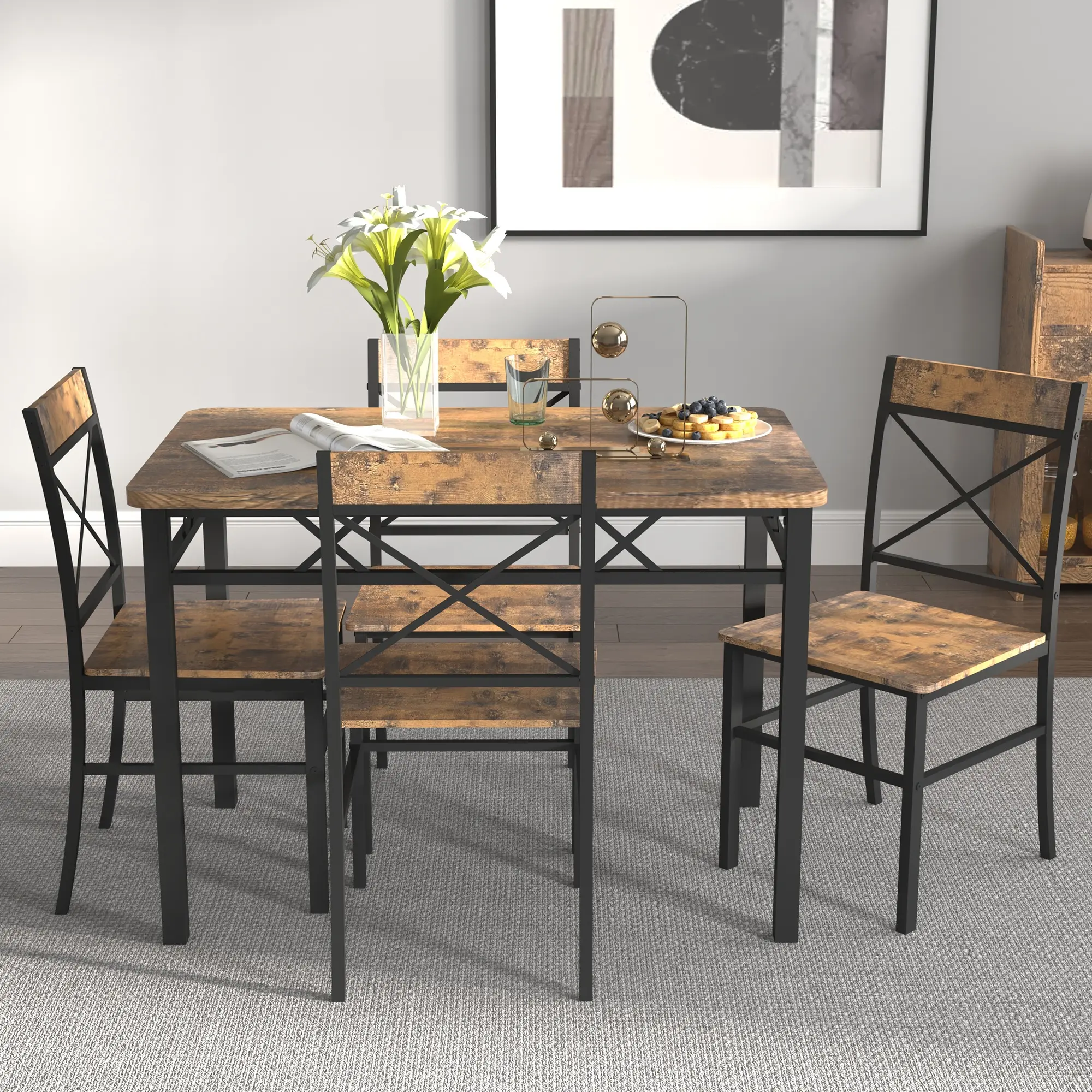 5-Piece Compact Rustic Brown (Black+Brown) Furniture Set, Wooden Construction Rectangle Wood Dining Table with 4 Chairs, Space-Saving Indoor Furniture for Kitchen & Dining Room