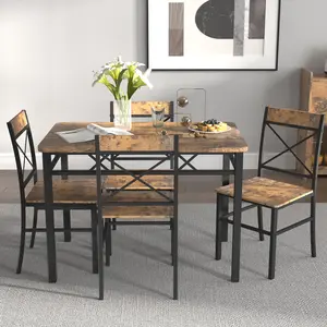 5-Piece Compact Rustic Brown (Black+Brown) Furniture Set, Wooden Construction Rectangle Wood Dining Table with 4 Chairs, Space-Saving Indoor Furniture for Kitchen & Dining Room