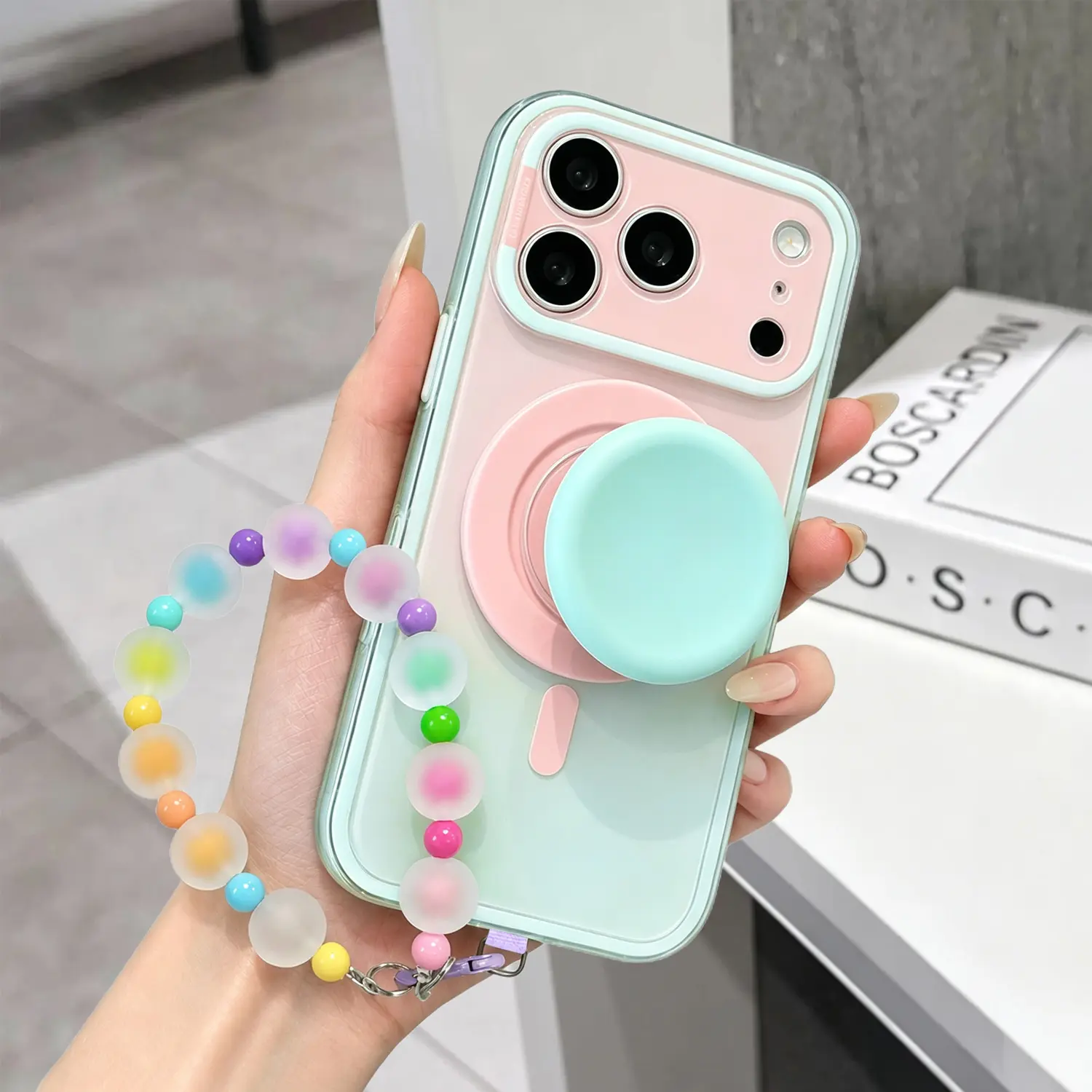 MagSafe Magnetic Grip Stand Phone Case with Beaded Wrist Strap for iPhone 18 Pro Max 17 16 15 14 13 Pro Max, Secure Grip & Hands-Free Viewing,Shockproof Full-Wrap Protection