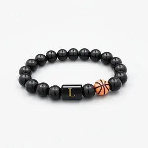 1pc Fashionable A-Z Alphabet Beaded Bracelet with Basketball Charm - Elastic Cord Wristband, Ideal for Couples & Friends, Perfect Birthday or Holiday Gift, Basketball Bracelet