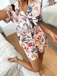 Women's Cat Theme Short Sleeve Shorts Cardigan Pajama Set, Butterfly Floral Print, Casual Loose Fit Homewear Loungewear Two-Piece