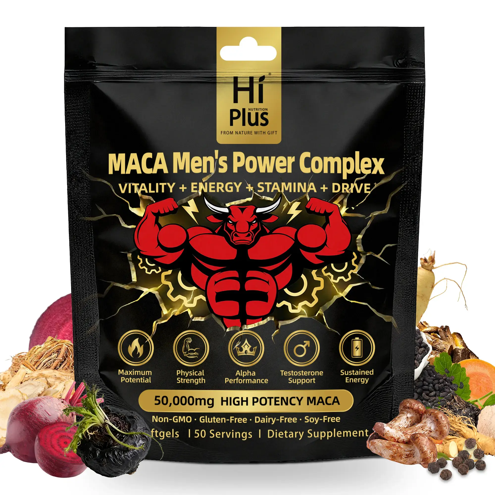 HiPlus Men‘s Testosterone Boosters Power Complex Support with Shilajit,Maca,Ashwagandha & Ginseng | Energy, Stamina & Focus - Supports Testosterone 150/300 Softgels