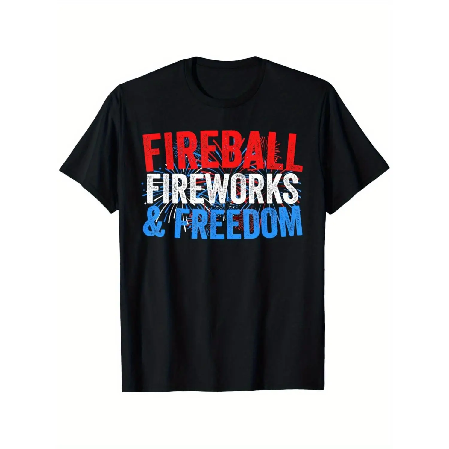 Mens Black Fireball Fireworks and Freedom Graphic Cotton T-shirt Featuring Red and Blue 4th of July Design Perfect for Independence Day Parties Travel and Gifts Unisex All-Season Fit Casual Short Sleeve Round Neck for Men and Women 2026