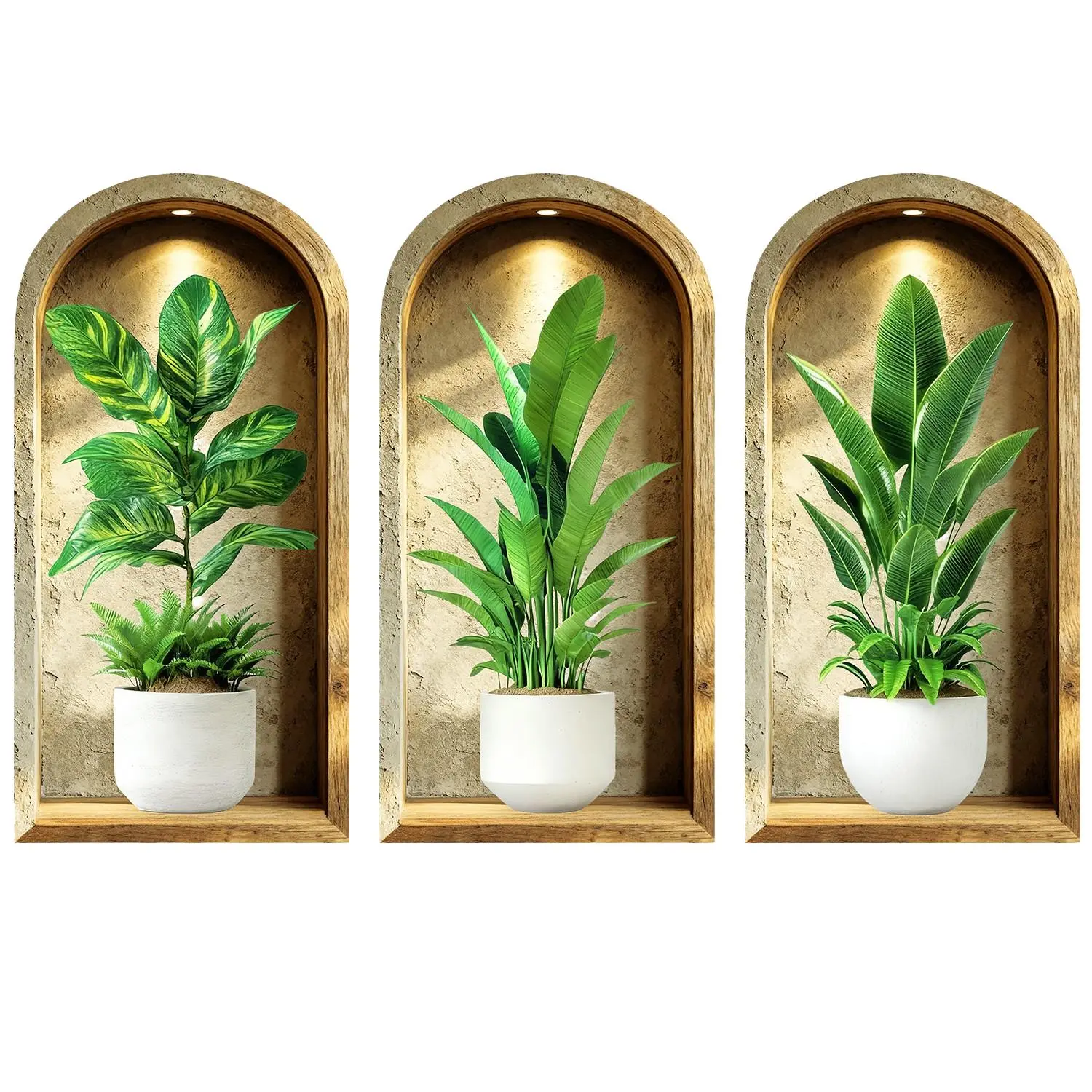 3-piece set, Nordic green plant themed simulated arched window flower basin wall sticker, self-adhesive removable sticker, Vinyl Wall Stickers, Vinyl Decal, Decorative Sticker, suitable for wall decoration in living rooms, dining rooms, Versatile Use