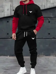 2-piece autumn and winter new men's collision long-sleeved hooded sweatshirt with pockets bird pattern print regular large size leisure sports trousers travel holiday outdoor camping men's suit