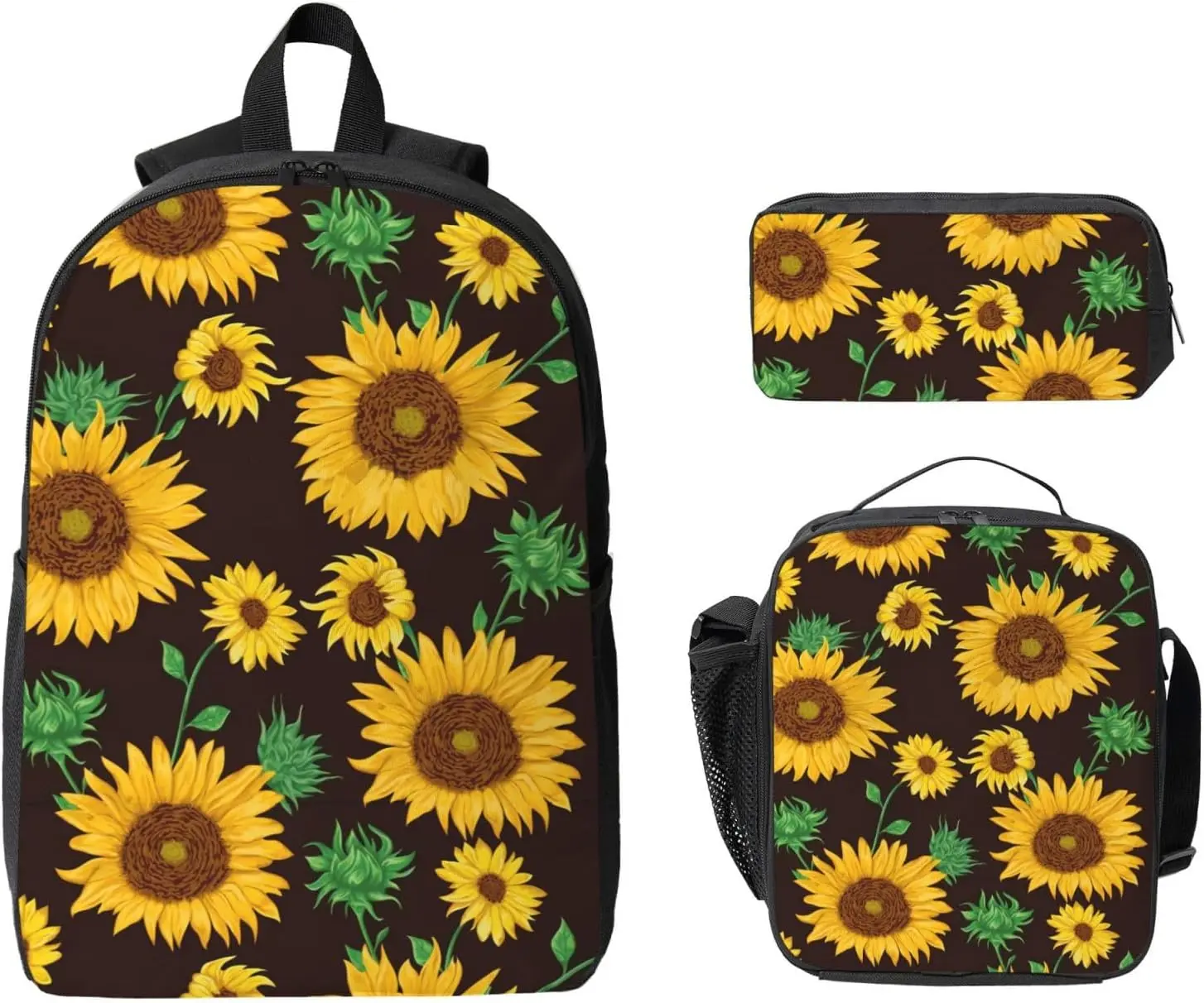 Sunflower 3pcs Primary Backpacks Set Lunch Bags+Pencil Case,Stylish Daypacks Rucksack Gifts, Daily Work Laptop Bookbags
