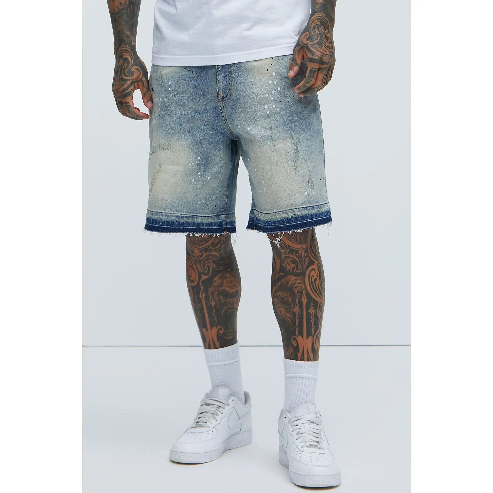 Splatter Skate Relaxed Denim Shorts - Medium Wash