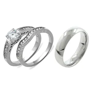 His Hers 3 PCS Clear CZ Womens Stainless Steel Wedding Set w/ Mens Matching Band, Solitaire Ring, Cubic Zirconia Rings, Wedding Ring Set, Stackable Rings