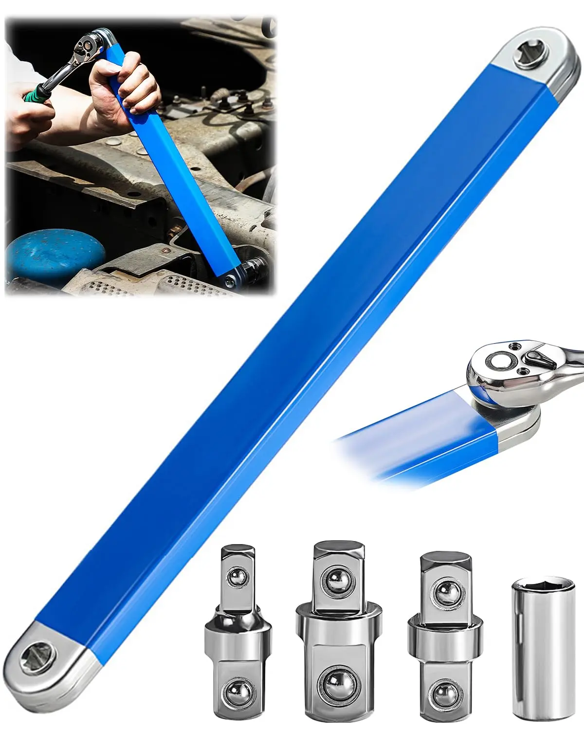 Upgraded Heavy Duty Steel Offset Extension Wrench, 15” Tight Reach Extension Wrench for Hard-To-Reach Bolts, Universal Extension Wrench with 1/4” 3/8” 1/2” Drive Adapters