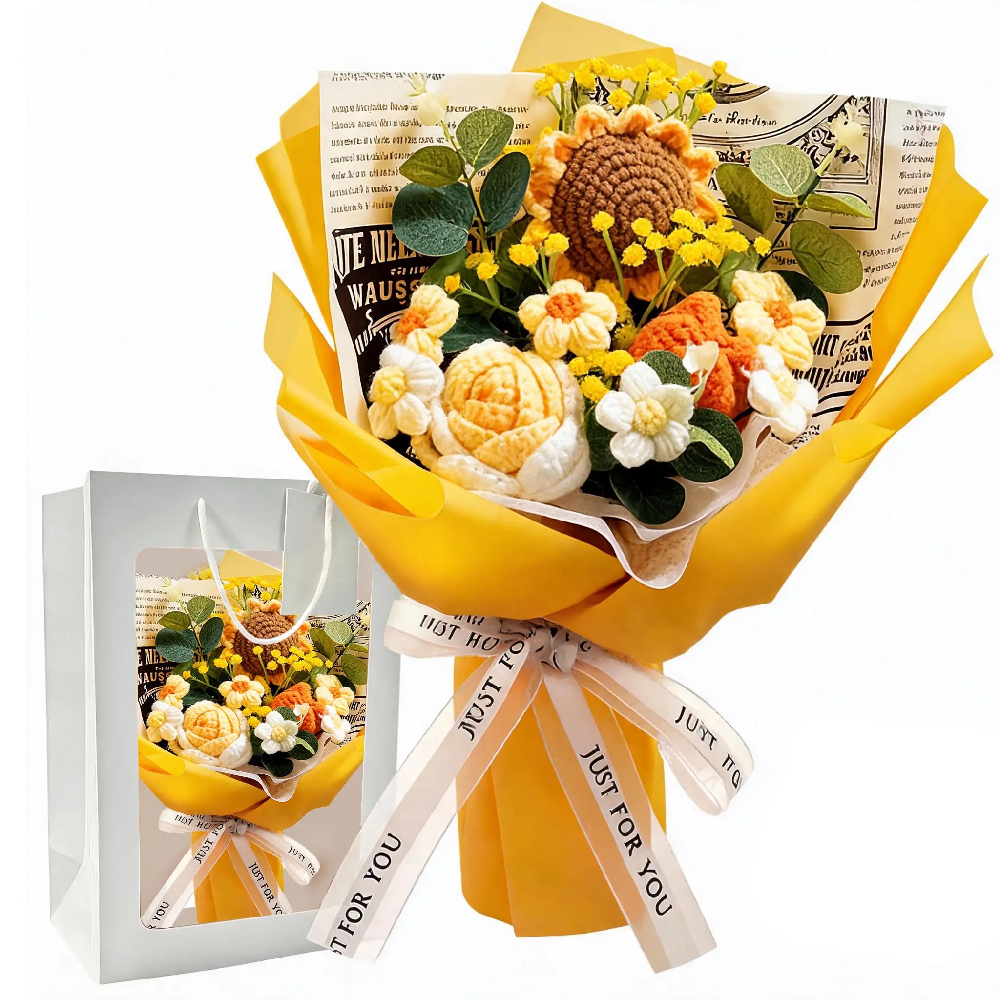 Crochet Flowers Bouquet,Hand Knitted Sunflower Crochet Flower Bouquet for Home Decor,Weddings,Birthdays,Valentine's Day, Mother's Day - Includes Eucalyptus,Gift Bag and Greeting Card, Faux Crochet Flower forever lasting