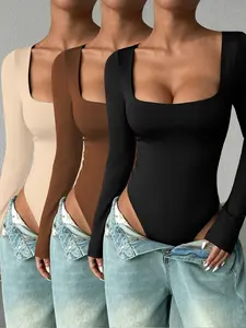 Women's Spring Autumn Fashion Elegant Square Neck Long Sleeve Fitted Bodycon Jumpsuit Bodysuit Set, High-Quality Fabric, Suitable for Commuting & Home Use, Womenswear