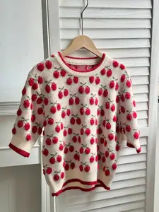 New Summer Autumn Women's Cherry Pattern Knit Sweater, Cute Fun Daily Commute Casual Elegant Top, Short Sleeve Round Neck Pullover Knitwear