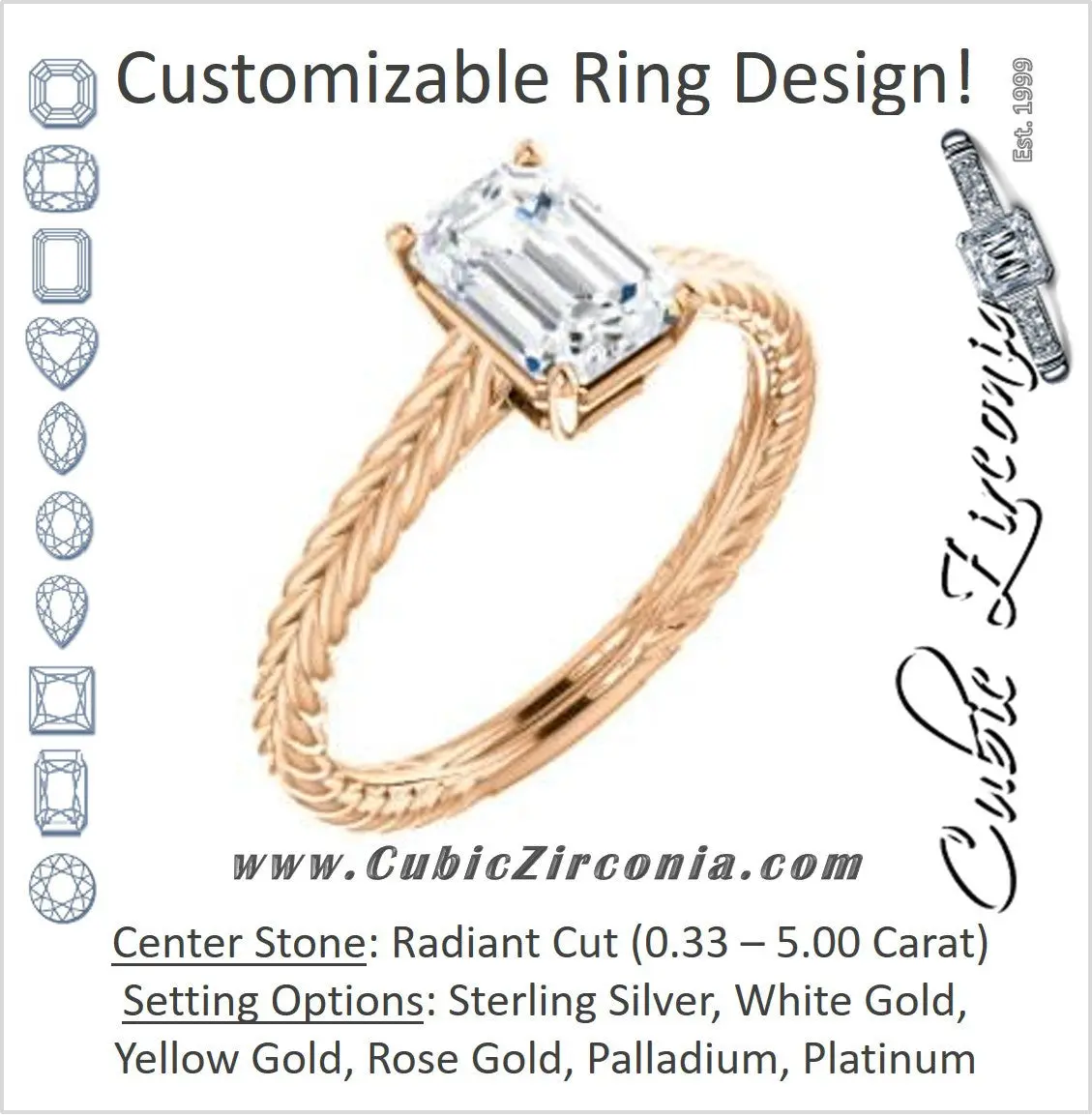 Cubic Zirconia Engagement Ring- The Florence (Customizable Cathedral-set Radiant Cut Solitaire with Vintage Braided Metal Band)
