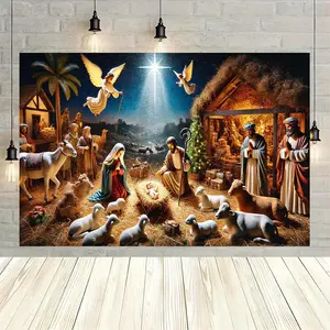1PC 2D Flat Large 243.84x182.88cm Christmas Nativity Scene Backdrop Banner - Durable Polyester with Starry Night Sky/Angels/Mary/Joseph/Jesus/Shepherds/Animals, No Electricity Needed for Indoor/Outdoor Church/Home/Party Holiday Decor & Photography
