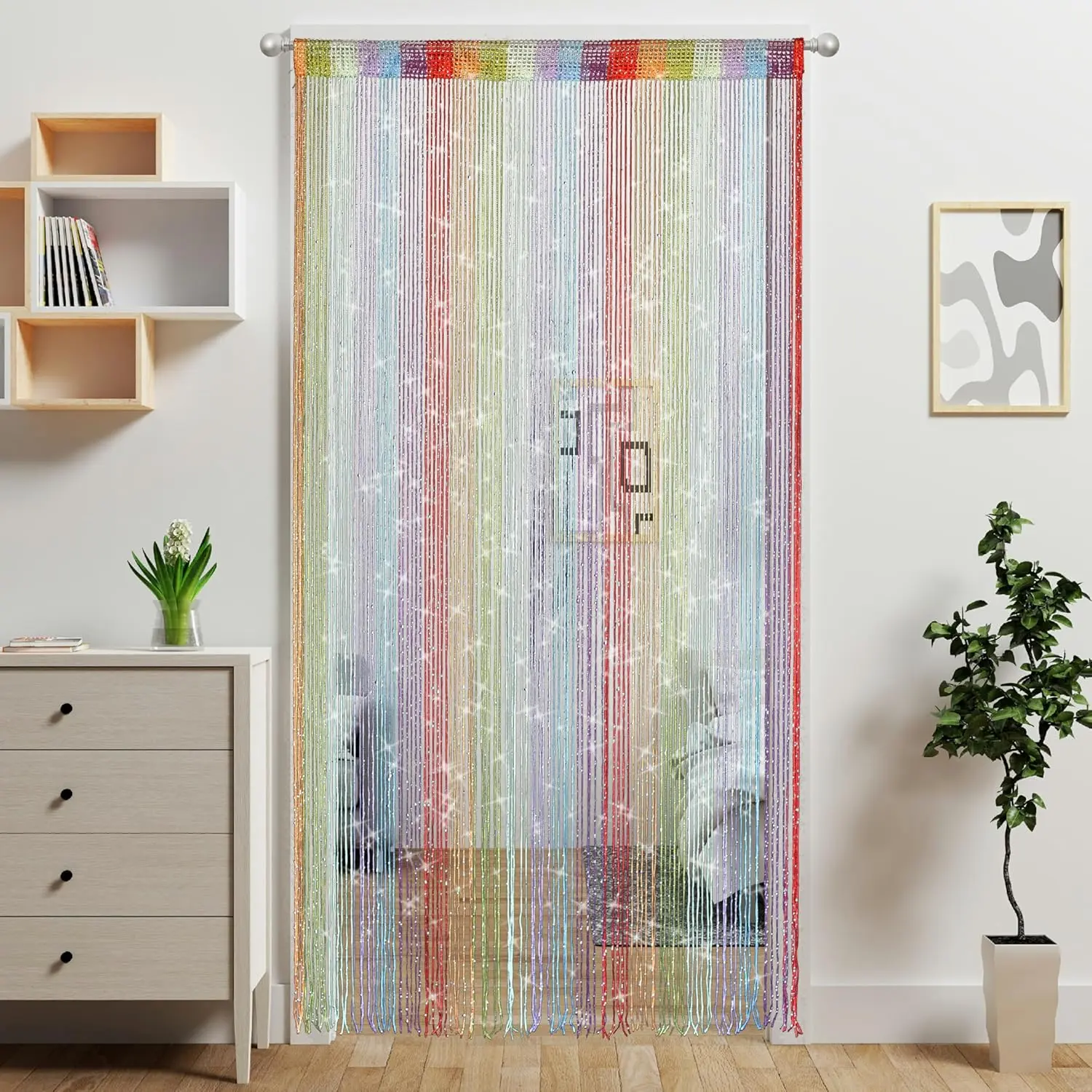 Door String Curtain Doorway Beads Curtains,Hanging Room Divider Beaded Decor Hippie Glitter Fringe Panel Closet Window Doors Sequin Sheer Boho Doors Tassel (Rainbow)