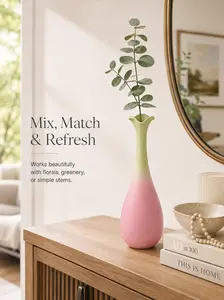 Pink Green Ceramic Flower Vase, Glazed Bud Vase for Flowers, Three-Petal Mouth Decorative Vase, Room Decor, Home Decor, Shelf Decor, Desk Decor, Living Room Decor, Bedroom Decor, Gift for Women, Housewarming Gift