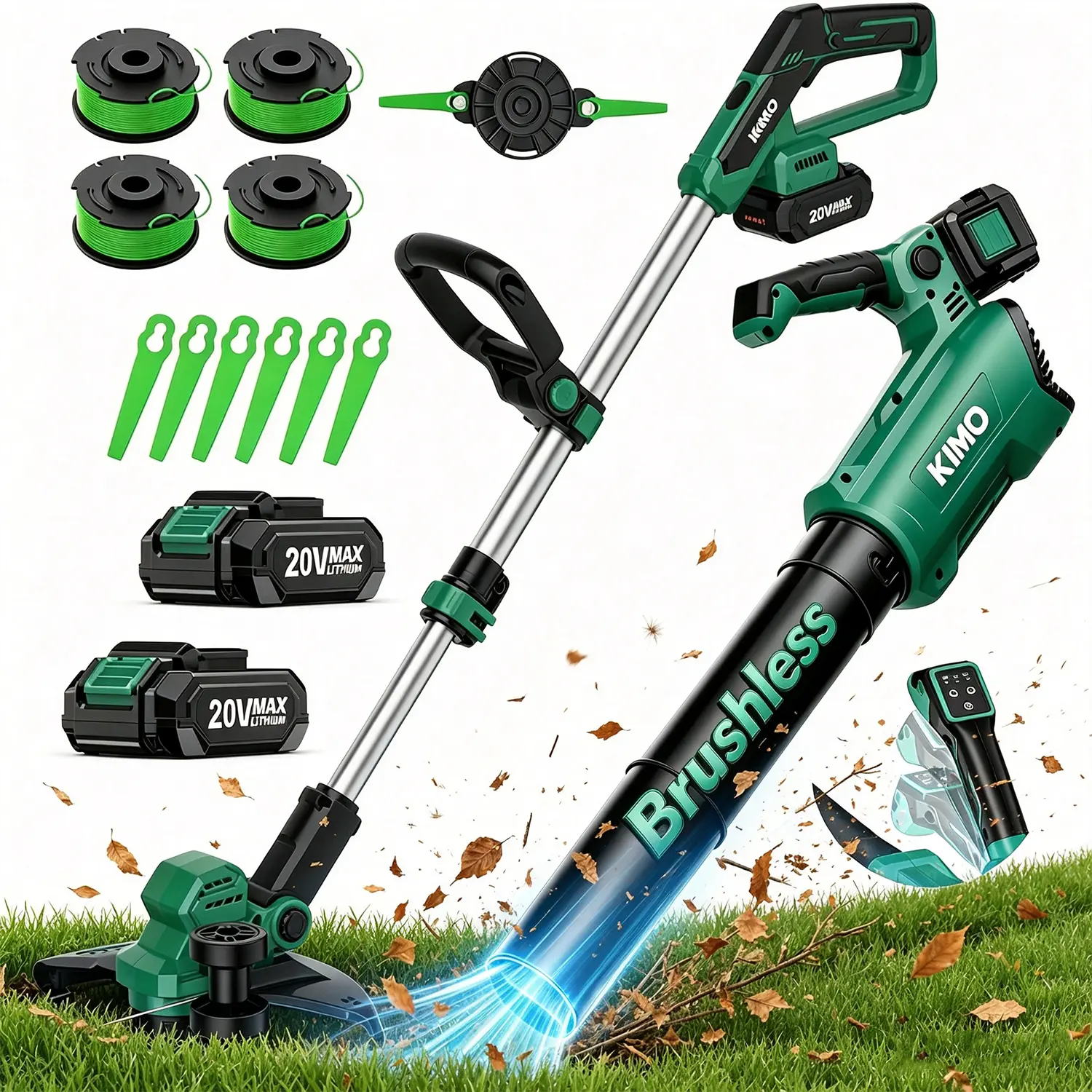KIMO 20V Brushless Dual-Engine Set | 12-inch Automatic Line-Driven Weed Sweeper + Wireless Leaf Blower, Includes 2 Batteries + Fast Charging, Comes with Metal Blades and Spare Cable Roll, One Machine for Your Garden and Patio