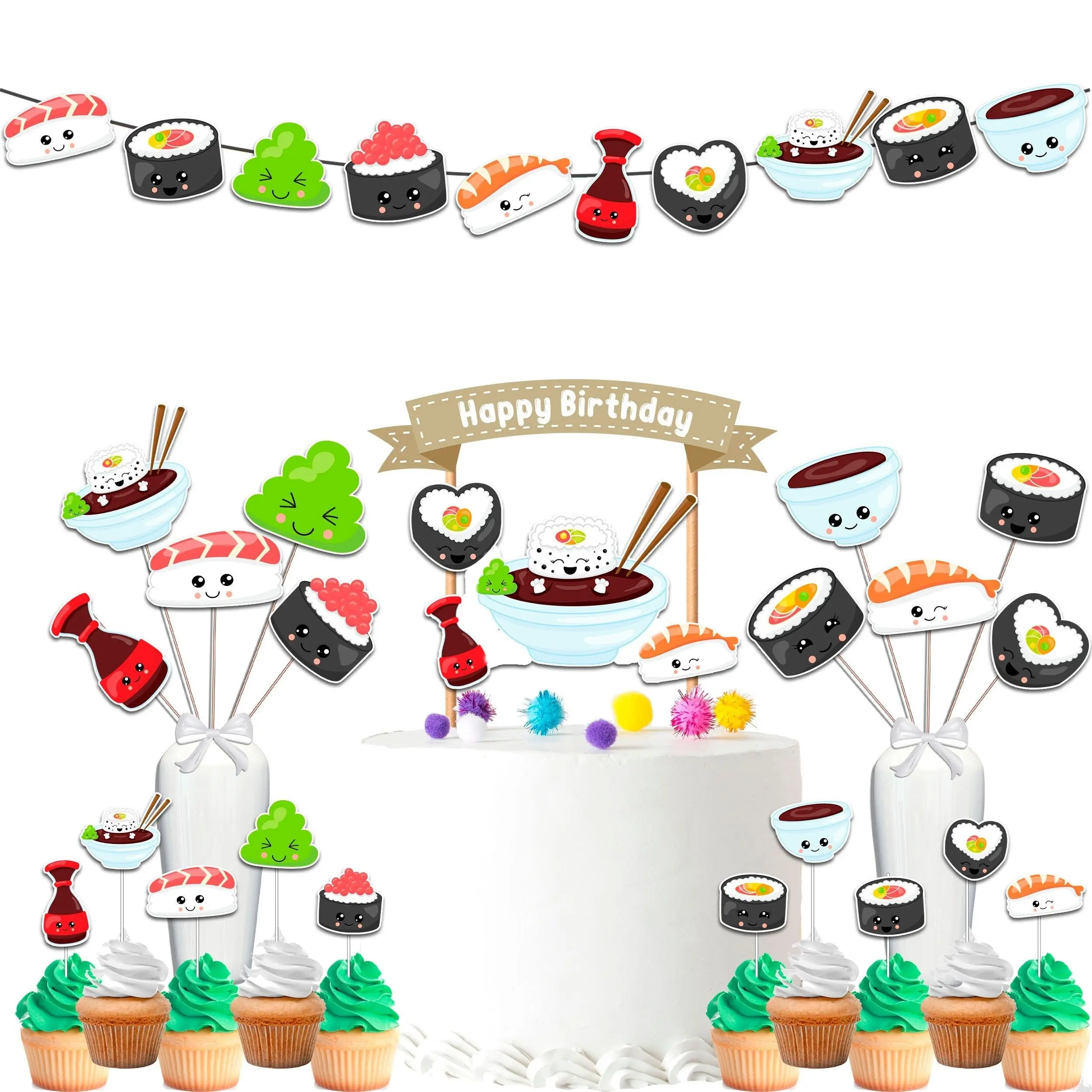 Kawaii Sushi Party Decor Set  - Perfect for Baby Showers & Birthdays with Cake Topper, Cupcake Toppers, Centerpieces & Banner