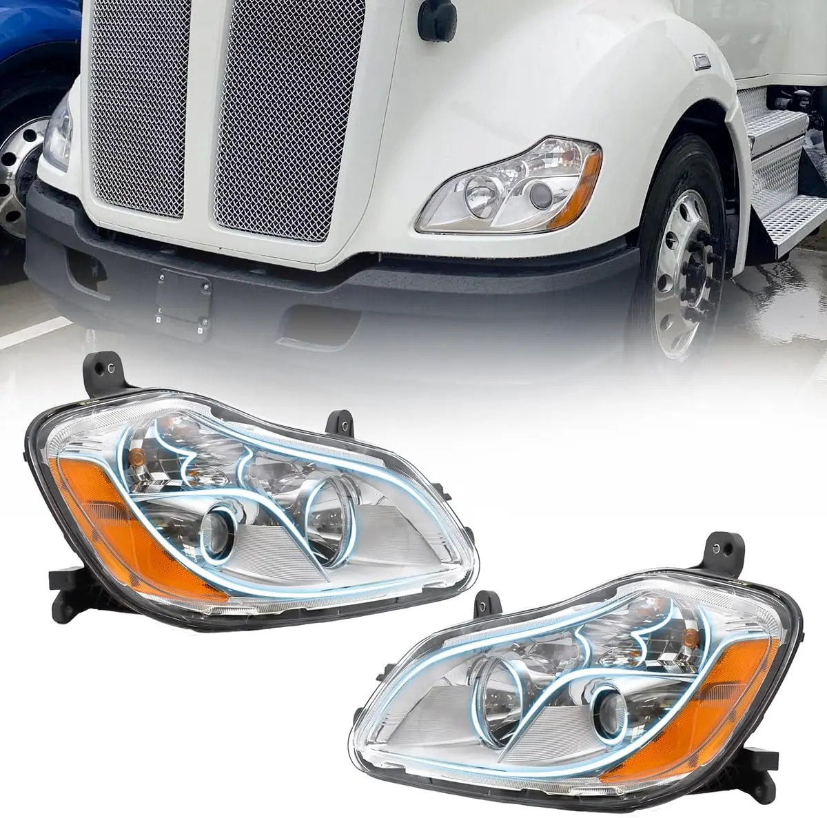 Headlight Fit for Kenworth T680 2013-2021, Halogen Headlamp Headlight Chrome House (Chrome, Left & right side)