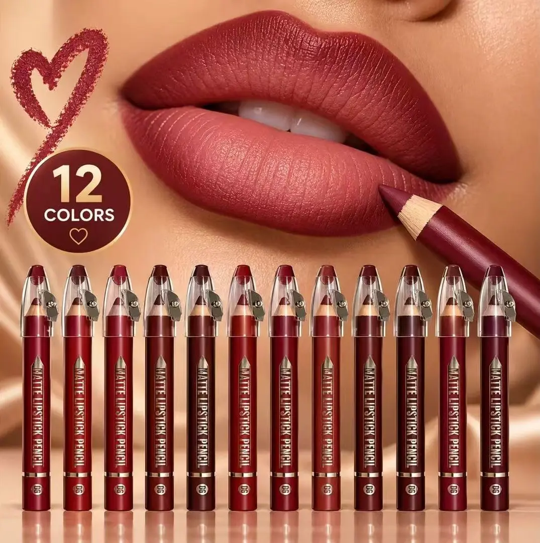 12 Pcs Matte Lip Liner Pencil Set with Built-In Sharpeners, 12 Colors Waterproof Lip Contour & Lipstick Pencils, Long Lasting Smudgeproof Makeup Set