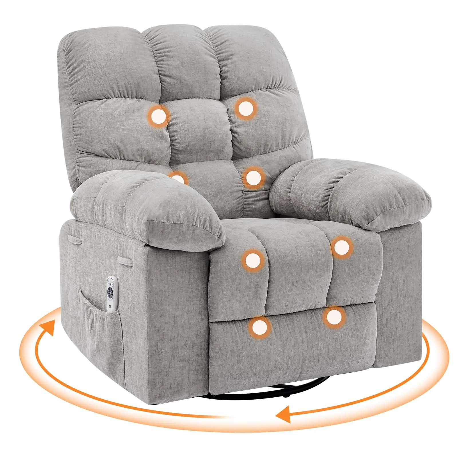 Rocking Recliner Chair,Massage Rocker Recliner Chair with Vibration Massage and Heat,360°Swivel Recliner Chairs,Oversized Rocker Recliner Single Sofa with Side Pocket,Living Room,Bedroom,Nursery,Grey