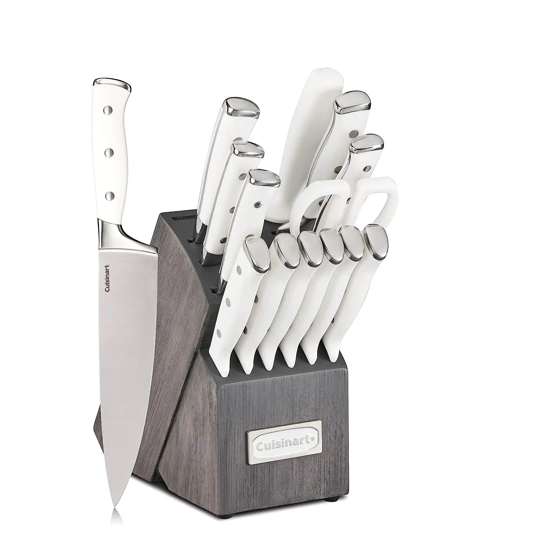 Cuisinart Forged Triple Rivet, 15-Piece Knife Set w/ Block, Superior High-Carbon Stainless Steel Blades for Precision & Accuracy, White/Charcoal Grey