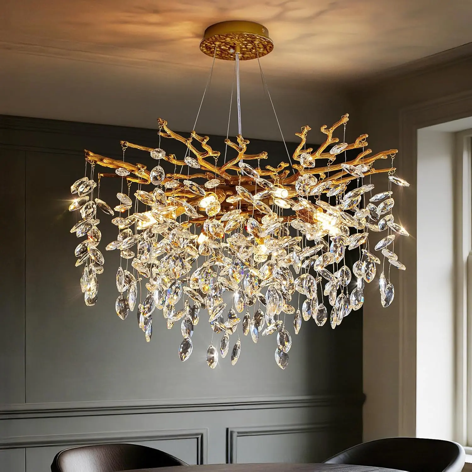 MODIVO 23.6In Crystal Chandelier Pendant Light Fixtures Gold Tree Branches 8-Light Chandeliers for Dining Room Kitchen Bedroom Living Room Foyer Entryway Hanging Lamp Round Raindrop Bulbs Included Decorative Atmosphere Lighting