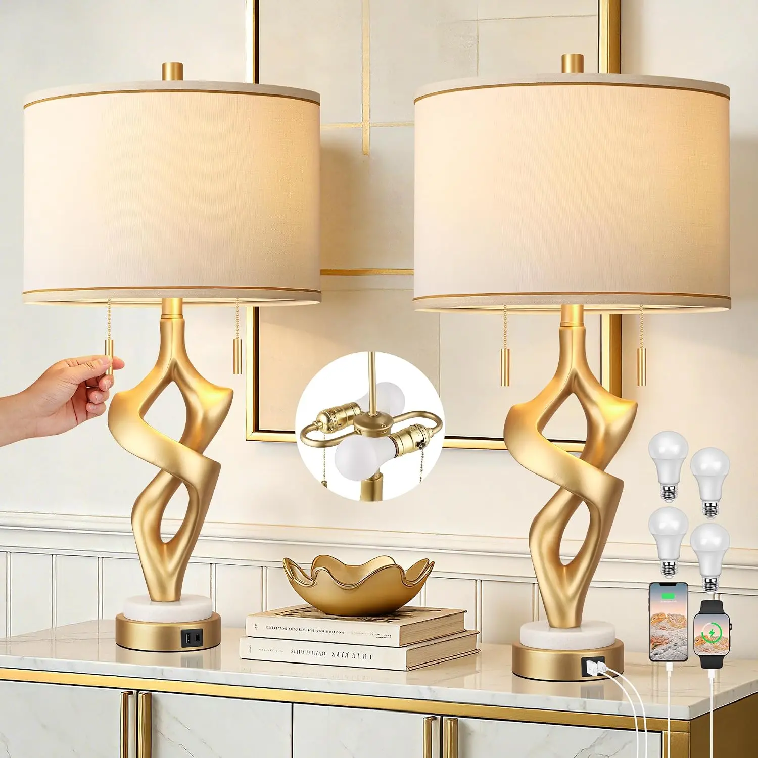 Gold Table Lamps for Living Room Set of 2, Modern Nightstand Lamps with Marble Base & Charging Ports, Rustic Resin Table Lamp for Bedrooms with Pull Chains Switch, 4 x Bulbs Included, 26"