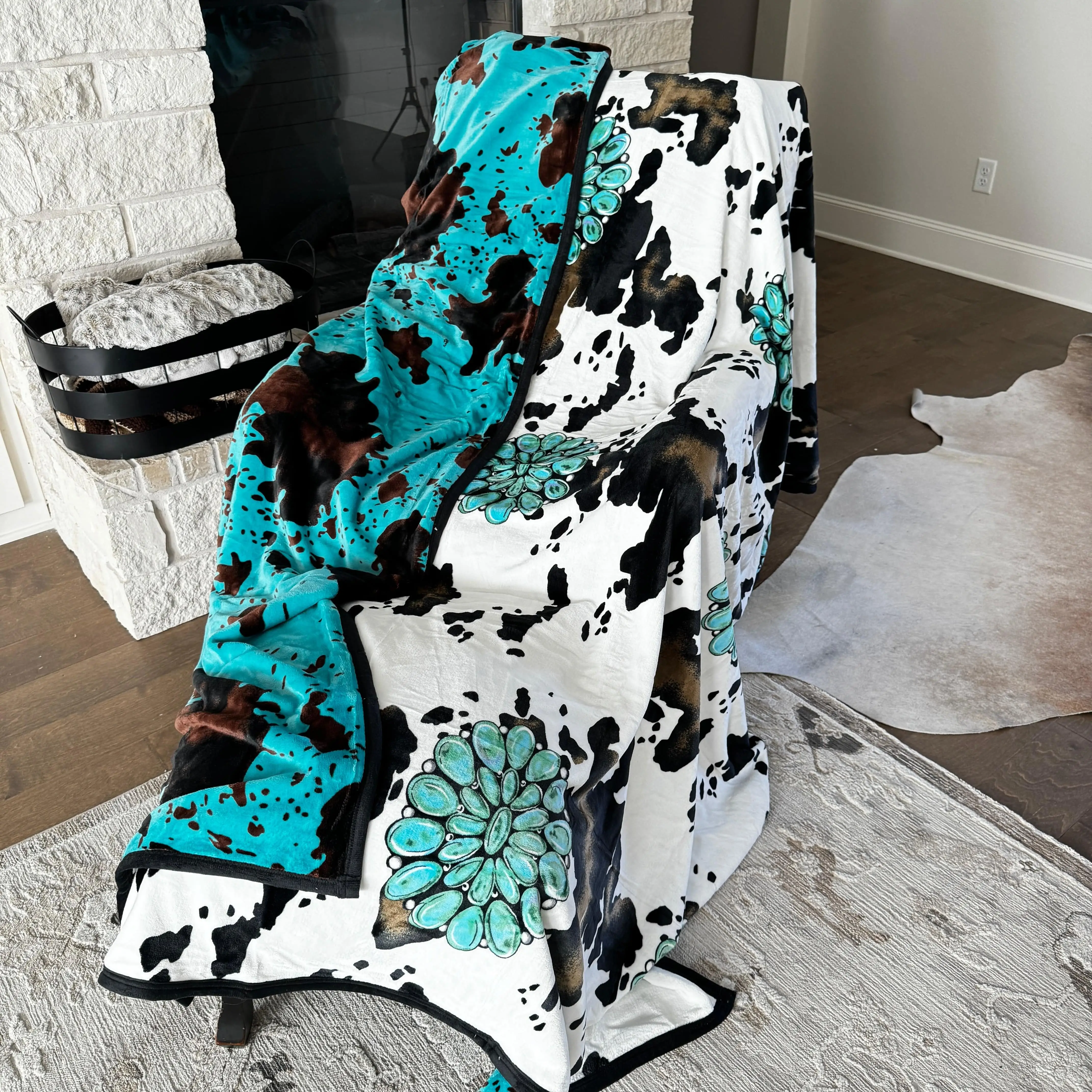 Reversible Turquoise Cow and Concho 2 Ply Oversized Blanket 82"x90"