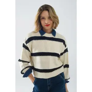 Relaxed Beige Jumper with Black Stripes
