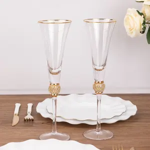 6-Pack Clear Champagne Flute Glasses 6oz Gold Rim Design with Studded Rhinestones 11" - Long Stem Crystal Glasses for Toasting & Cocktails