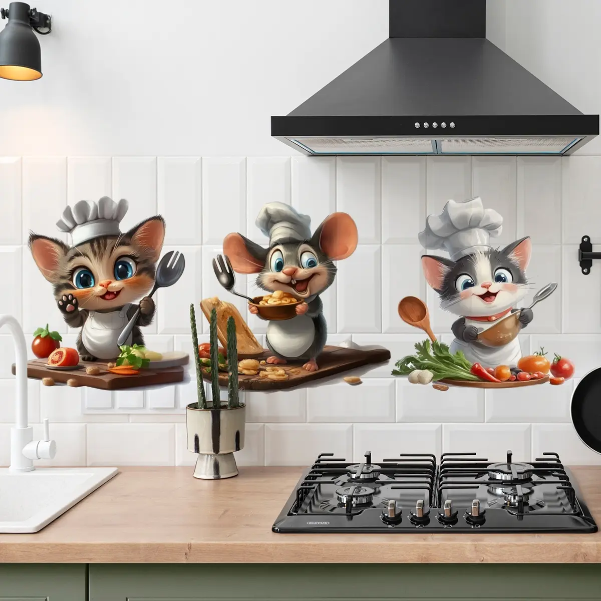 A set of three small animal chef vegetable wall stickers for kitchen and dining room background walls, home decoration stickers, self-adhesive MS6494-ZY Decorative Wall Sticker, Wall Decal