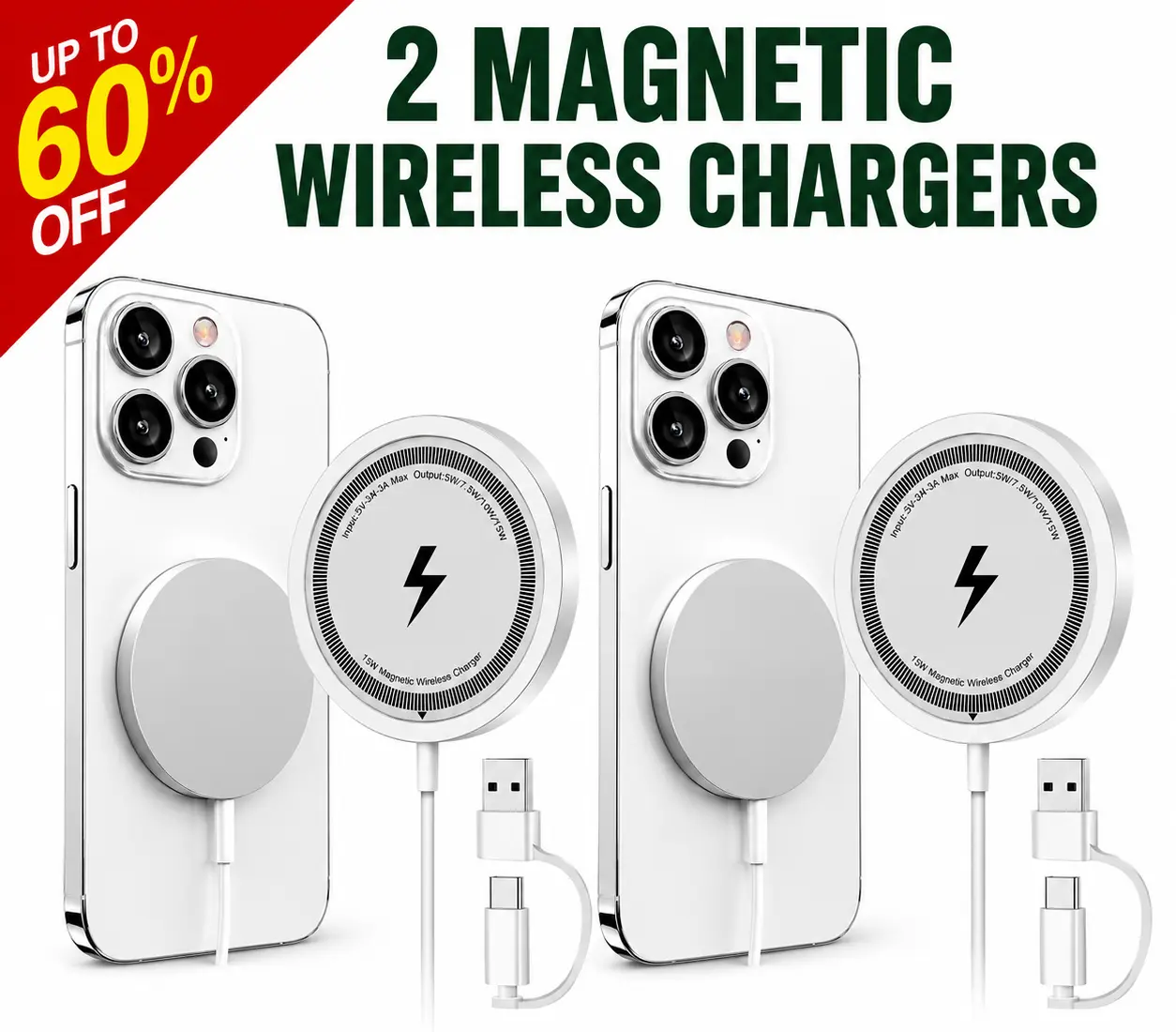2 Pack Magnetic Wireless Charger Fast Charging Pad for Universal Smartphones - Cordless Mobile Phone Charging Accessory