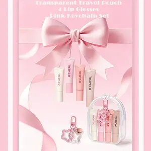4-Piece Mirror Shine Lip Gloss Set with Clear Pouch & Pink Keychain | High-Gloss Hydrating Lip Color, Non-Sticky Glass Lip Kit, Moisturizing Tinted Lip Glaze, Portable Travel Beauty Essentials, Cute Gift for Teens Women