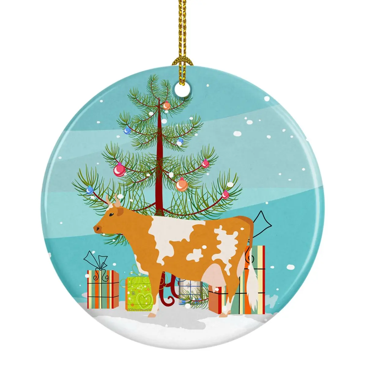 Light-Weight Round Guernsey Cow Christmas Porcelain Ornament - Customizable, Paintable Basic Corded Decoration, Ideal All Ages Holiday Home Supplies Gift