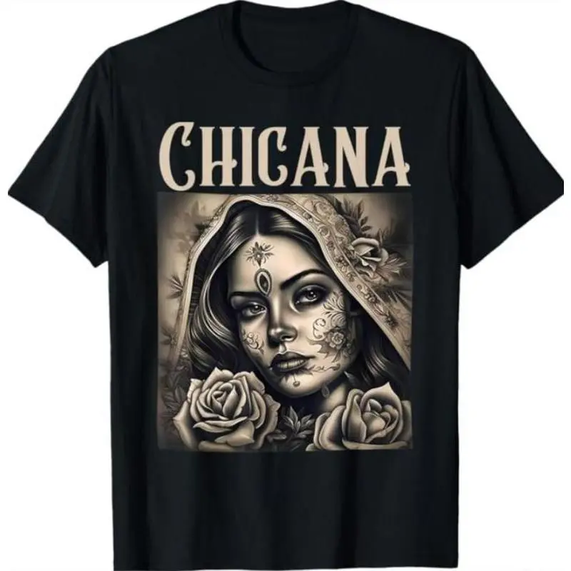 Women's Chicana Chola Style Lowrider Graphic T-Shirt - Mexican American Latina Sports Top with Oversized, Fitted, Loose, Short-Sleeve Options (Non-Underwear Apparel), Shortsleeve