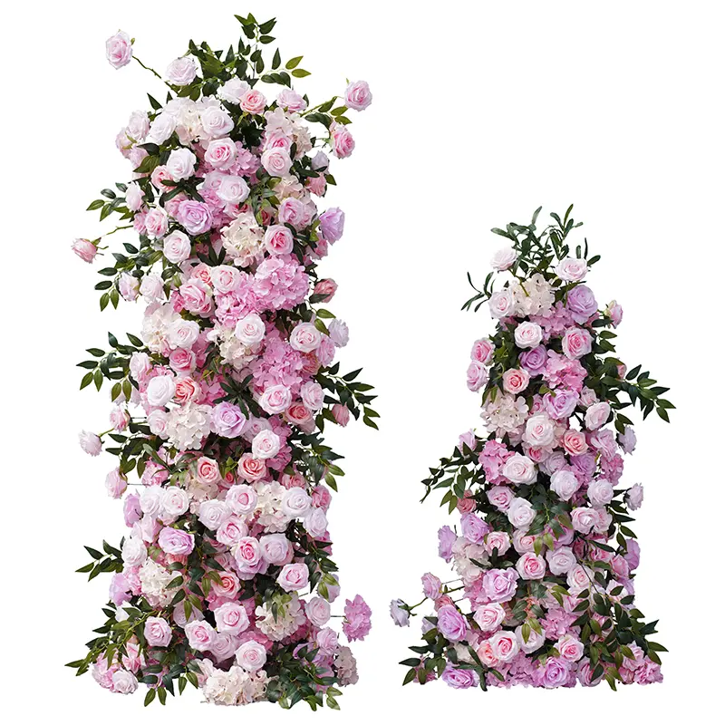 A7750 Series Handcrafted Silk Flower Backdrop - 5D Pink Rose & Green Leaves Wedding Arch KT Board, Wedding Party Decor Floral Arrangement Festive Backdrops & Banners