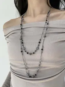 Vintage Boho Long Necklace, Colorful Flower Beaded Sweater Chain, Ethnic Style Women's Jewelry, Retro Chic Double Layer Design, Dainty Layering Jewelry