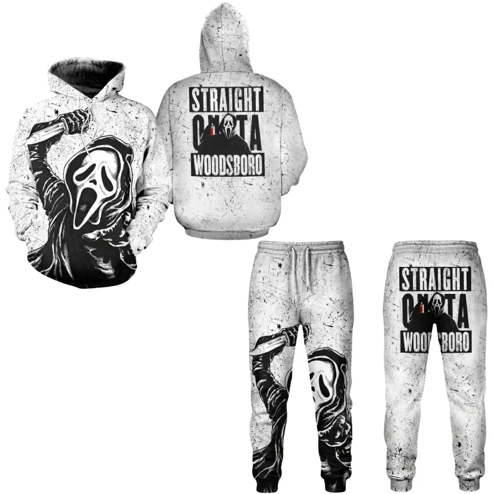 Ghostface 3D Hoodie and Sweatpants Set, Straight Outta Woodsboro Scream Horror Design, Halloween Gift for Horror Lovers