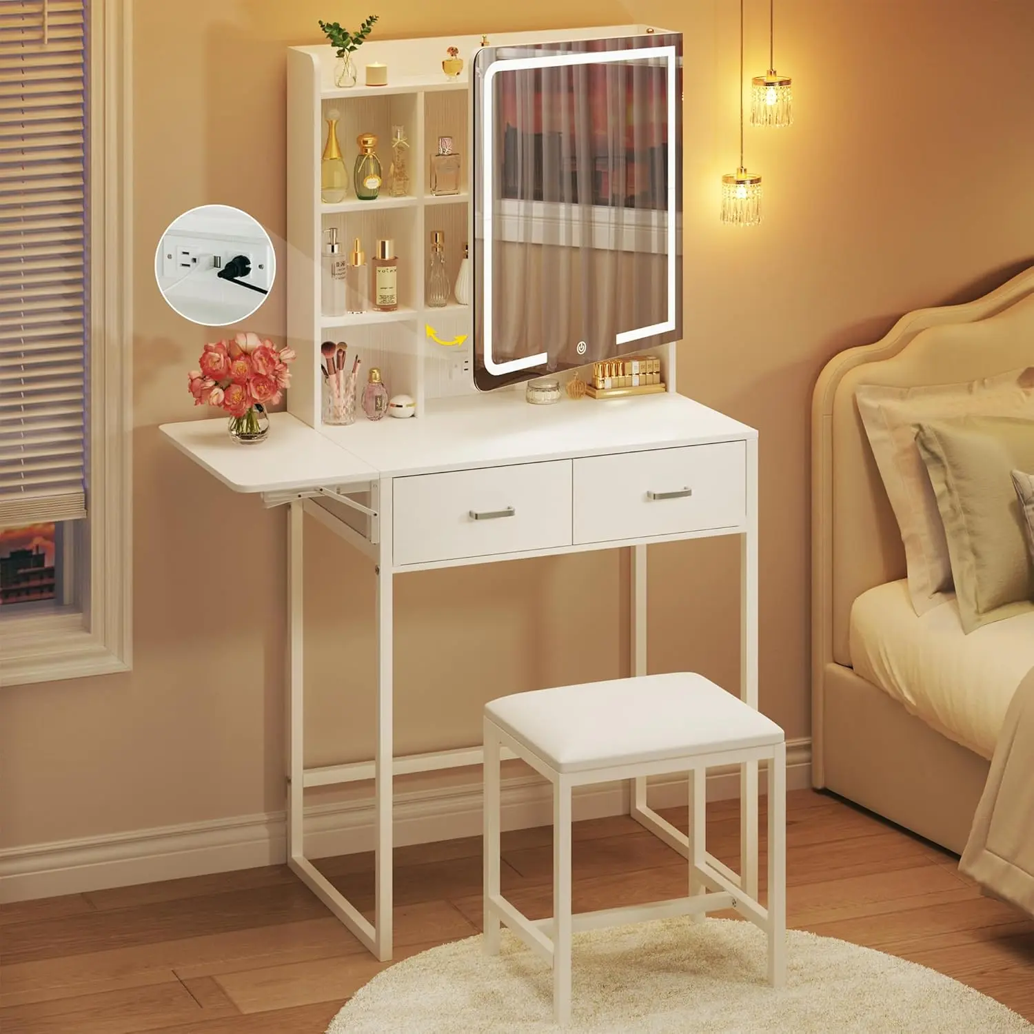 Summergarden White Mini-LED Drawer-Style Lift-Up Makeup Vanity Desk with Mirror Light - Fabric Drawers, Hidden Storage Shelves, Metal Frame, Built-In Charging Station, Adjustable Design for Bedroom Upstairs Makeup Organization