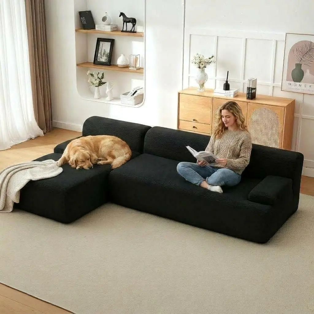 GARVEE 108" L Shaped Boneless Couch, Ultra Soft Corduroy Cloud Couch with Left Facing Chaise, No-Assembly Modular Sectional Sofas for Living Room, Black