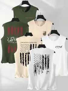 Men's Summer Casual Sleeveless Round Neck Vest, Flag Series Graphic Print, Outdoor Sports Wear, Daily Versatile, 3 Pack